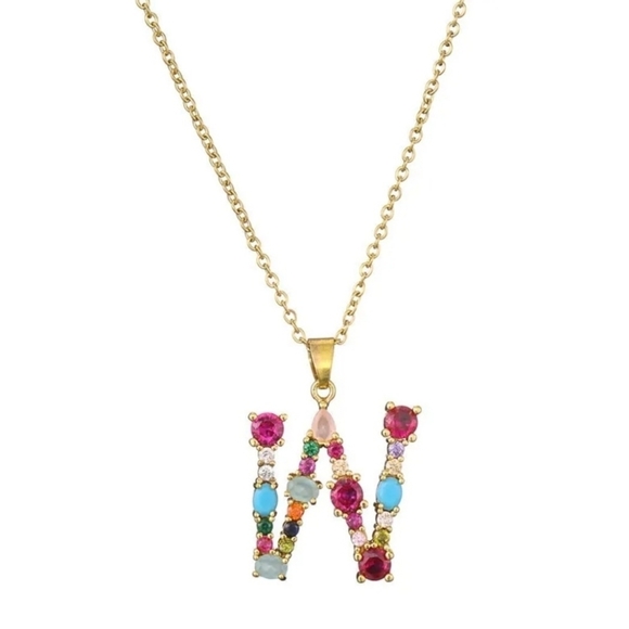 W Initial Pendant Necklace Multi-color Rhinestones Gold Tone Chain - Picture 9 of 12